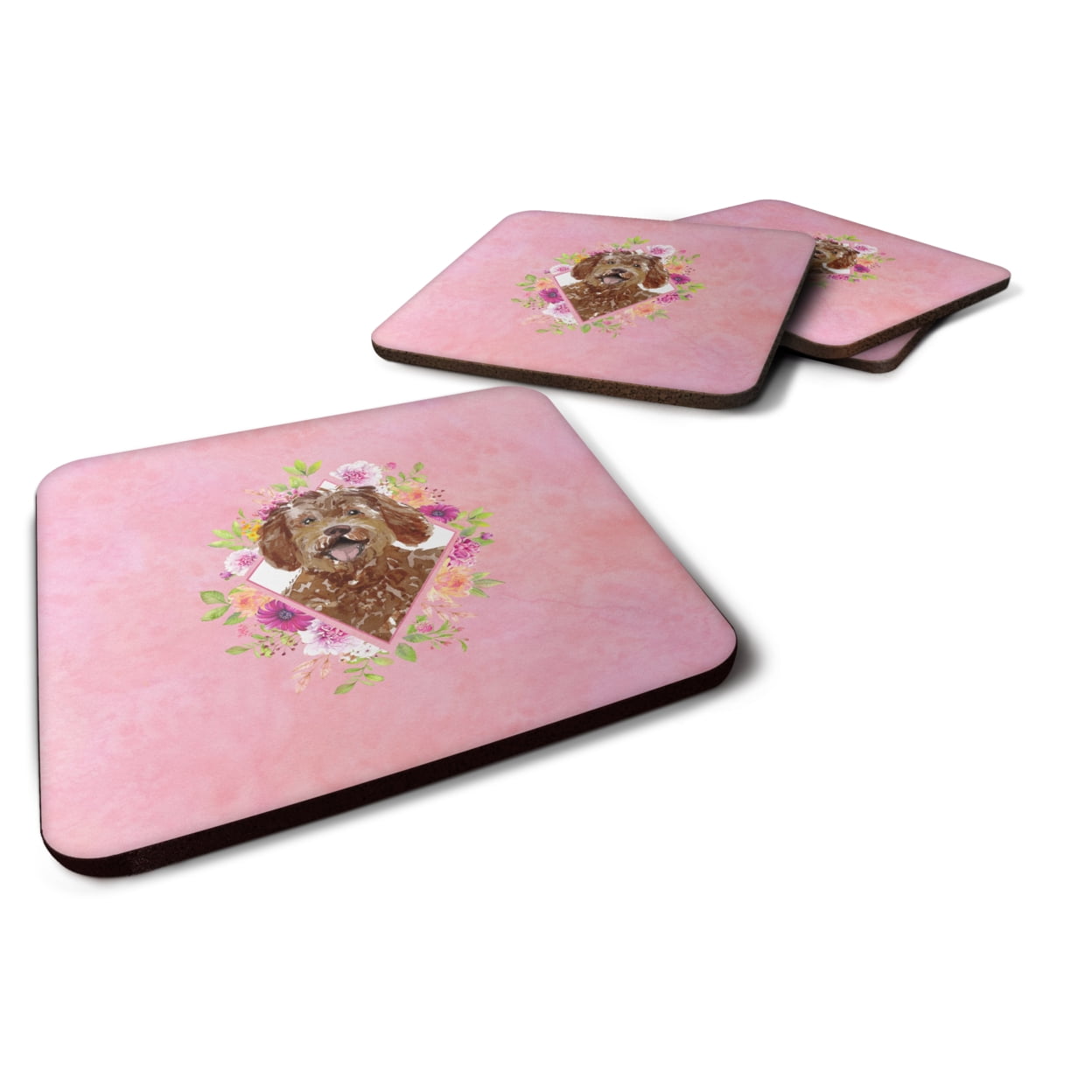 Carolines Treasures CK4228FC Labradoodle Pink Flowers Foam Coaster Set of 4 3 1/2 x 3 1/2 multicolor