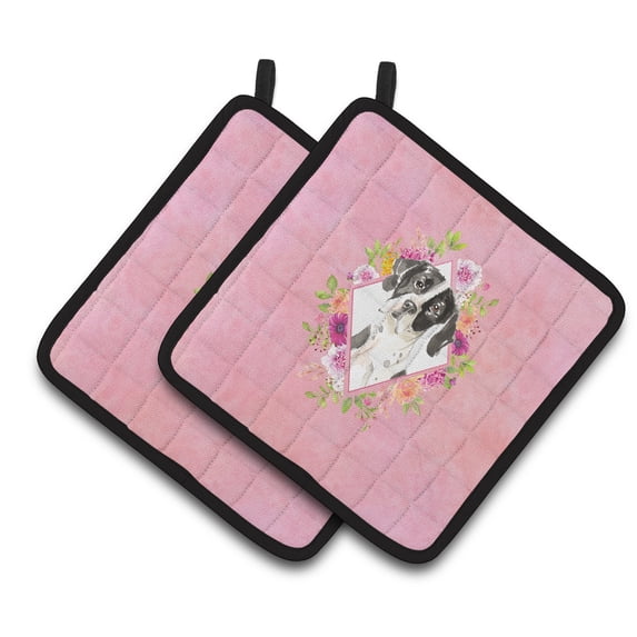 English Pointer Pink Flowers Pair of Pot Holders