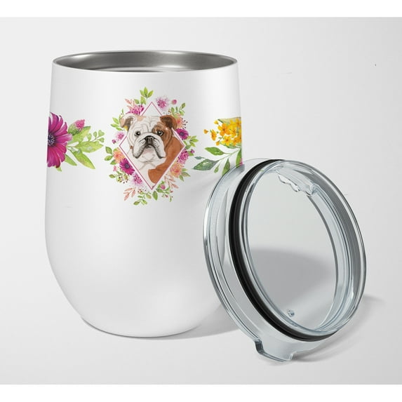 Carolines Treasures CK4240TBL12 English Bulldog Pink Flowers Stainless Steel 12 oz Stemless Wine Glass 12 oz multicolor