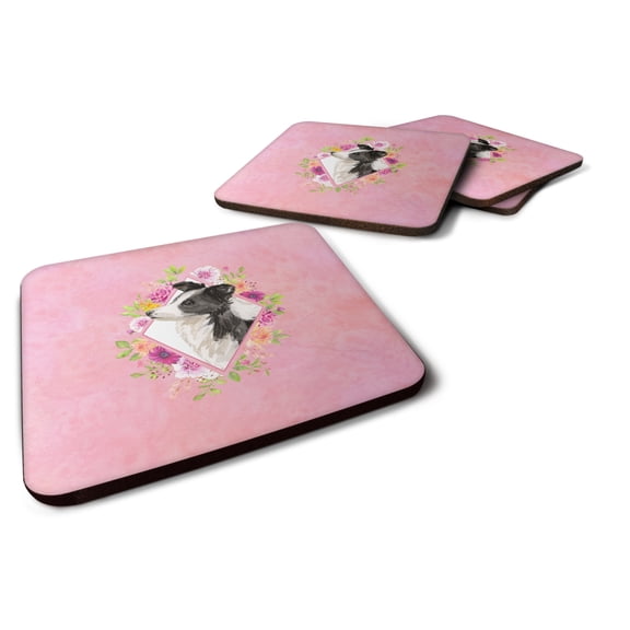Carolines Treasures CK4258FC Border Collie Pink Flowers Foam Coaster Set of 4 3 1/2 x 3 1/2 multicolor