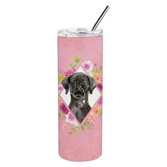 Carolines Treasures CK4261TBL20 Black Labrador Pink Flowers Stainless Steel 20 oz Skinny Tumbler 20 oz multicolor