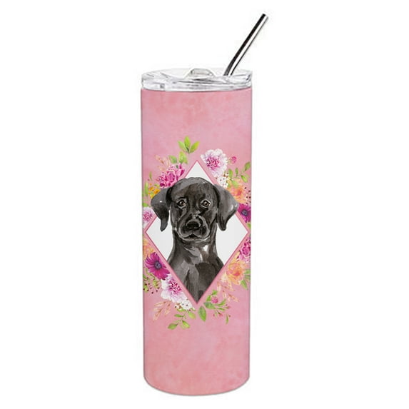 Carolines Treasures CK4261TBL20 Black Labrador Pink Flowers Stainless Steel 20 oz Skinny Tumbler 20 oz multicolor