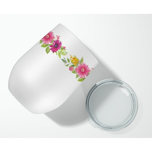 Carolines Treasures CK4262TBL12 Black and Tan Dachshund Pink Flowers Stainless Steel 12 oz Stemless Wine Glass 12 oz