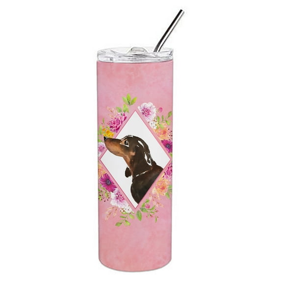 Carolines Treasures CK4262TBL20 Black and Tan Dachshund Pink Flowers Stainless Steel 20 oz Skinny Tumbler 20 oz