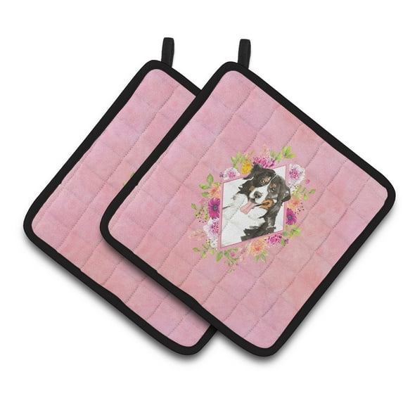 Bernese Mountain Dog Pink Flowers Pair of Pot Holders