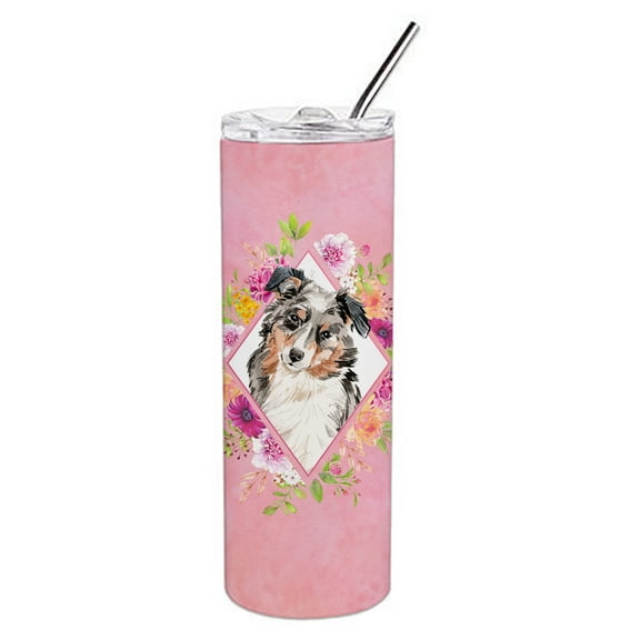 Carolines Treasures CK4267TBL20 Australian Shepherd Pink Flowers Stainless Steel 20 oz Skinny Tumbler 20 oz multicolor
