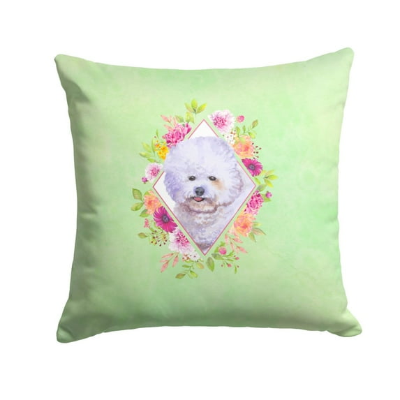 Carolines Treasures CK4280PW1414 Bichon Fris? 2 Green Flowers Fabric Decorative Pillow  14Hx14W multicolor