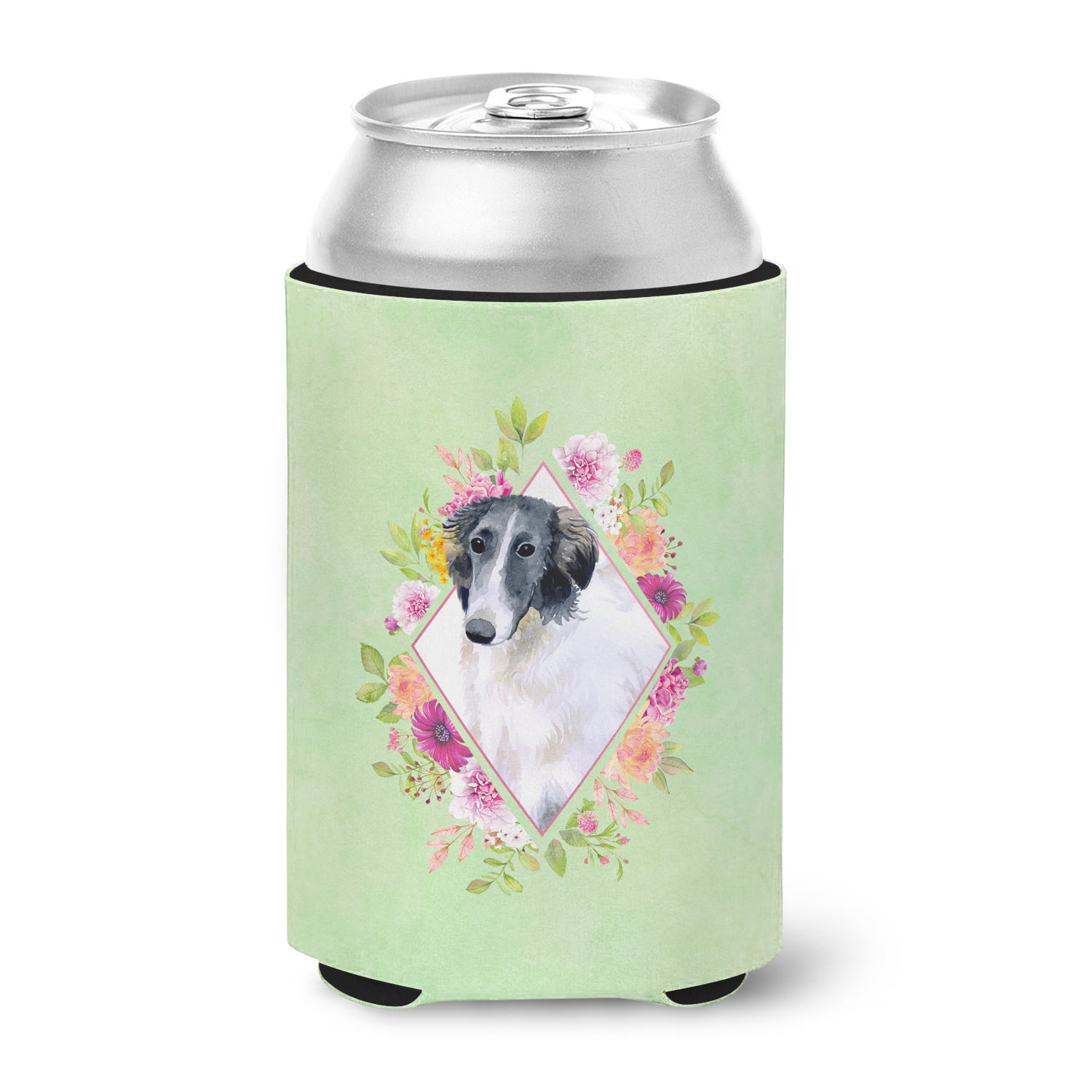 Carolines Treasures CK4282CC Borzoi Green Flowers Can or Bottle Hugger Can Hugger multicolor