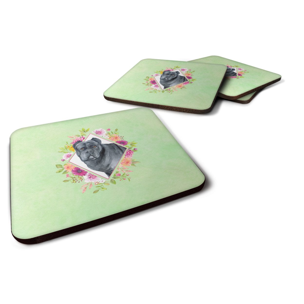 Carolines Treasures CK4285FC Cane Corso Green Flowers Foam Coaster Set of 4 3 1/2 x 3 1/2 multicolor
