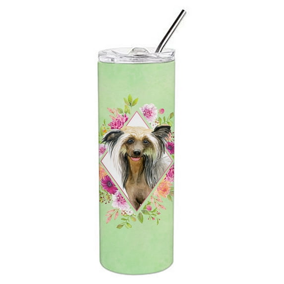 Carolines Treasures CK4290TBL20 Chinese Crested Green Flowers Stainless Steel 20 oz Skinny Tumbler 20 oz multicolor