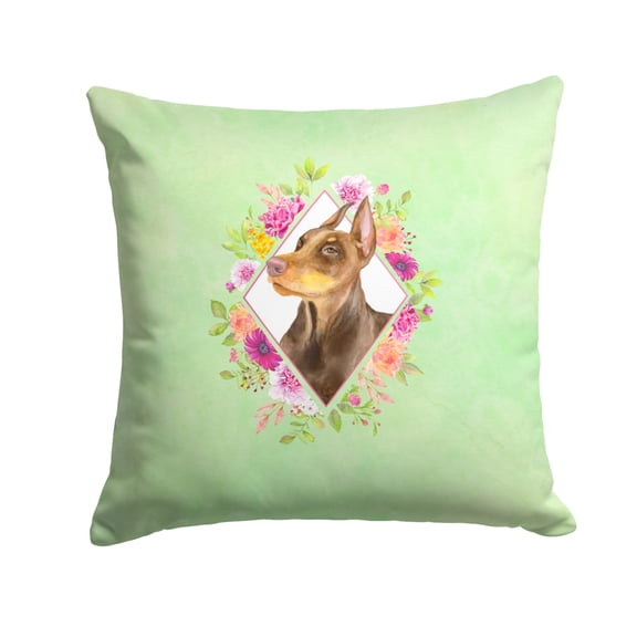 Carolines Treasures CK4298PW1414 Doberman Pinscher Green Flowers Fabric Decorative Pillow  14Hx14W multicolor