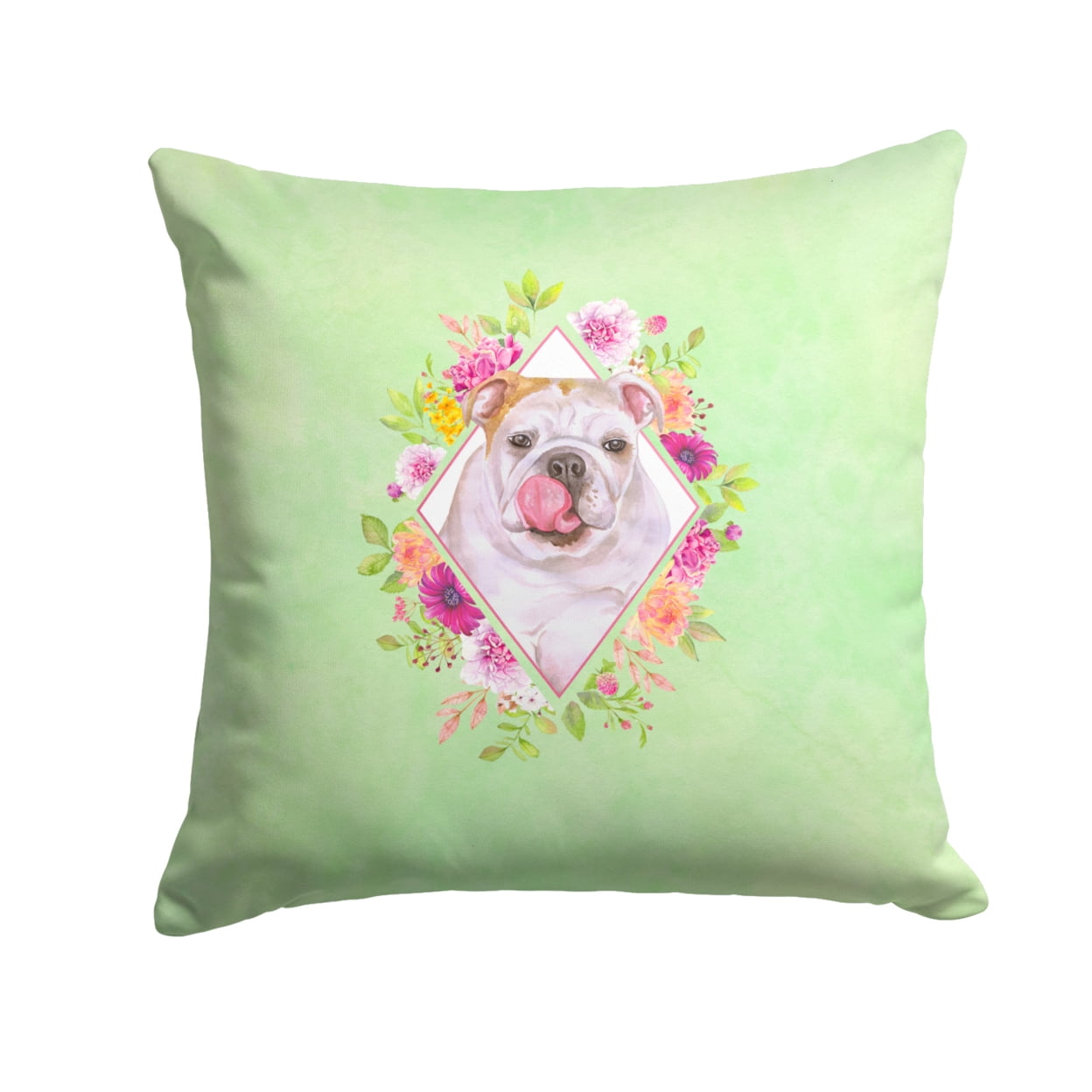 Carolines Treasures CK4300PW1414 English Bulldog Green Flowers Fabric Decorative Pillow 14Hx14W multicolor