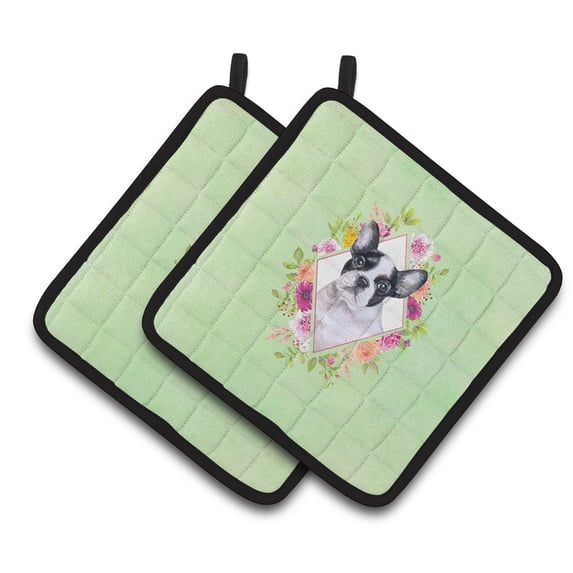 French Bulldog Green Flowers Pair of Pot Holders