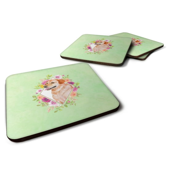 Carolines Treasures CK4318FC Yellow Labrador Retriever Green Flowers Foam Coaster Set of 4 3 1/2 x 3 1/2 multicolor