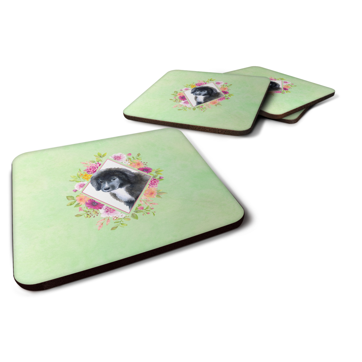 Carolines Treasures CK4324FC Newfoundland Puppy Green Flowers Foam Coaster Set of 4 3 1/2 x 3 1/2 multicolor