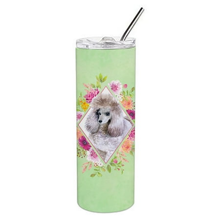 Standard Grey Poodle Green Flowers Double Walled Stainless Steel 20 oz Skinny Tumbler
