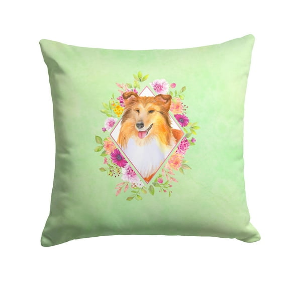 Carolines Treasures CK4342PW1414 Sheltie Shetland Sheepdog Green Flowers Fabric Decorative Pillow  14Hx14W multicolor