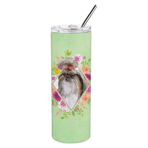 Carolines Treasures CK4344TBL20 Shih Tzu Green Flowers Stainless Steel 20 oz Skinny Tumbler 20 oz multicolor