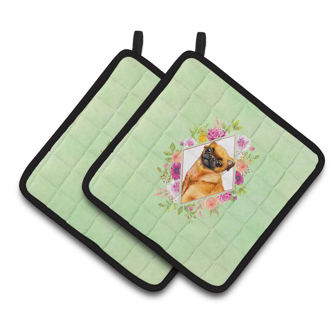 Carolines Treasures CK4345PTHD Brabant Griffon Green Flowers Pair of Pot Holders 7.5HX7.5W multicolor