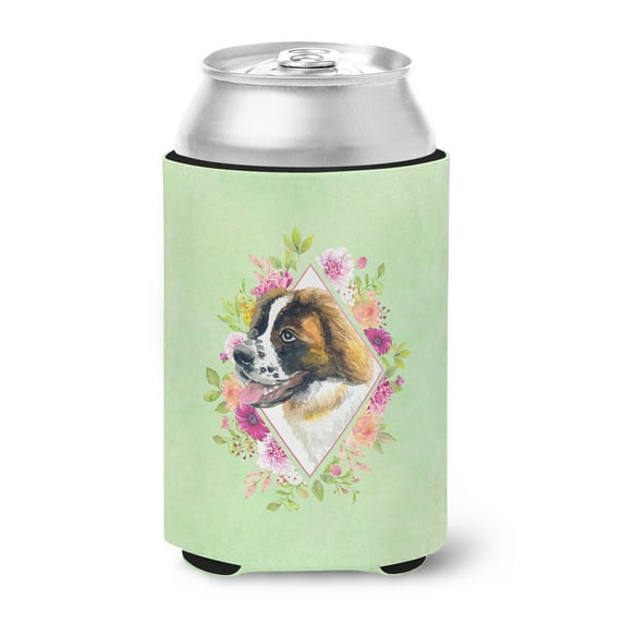 Carolines Treasures CK4347CC Saint Bernard Design2 Green Flowers Can or Bottle Hugger Can Hugger multicolor