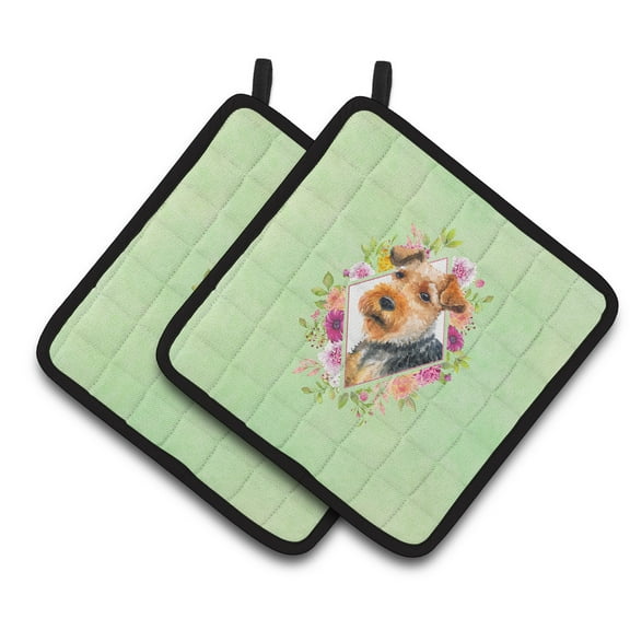 Welsh Terrier Green Flowers Pair of Pot Holders