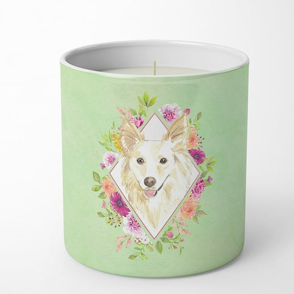 Carolines Treasures CK4361CDL White Collie Soy Candle 10 oz Decorative Gift Scented Soy Candles for Home Green Flowers