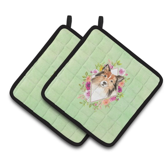 Carolines Treasures CK4373PTHD Sheltie Green Flowers Pair of Pot Holders 7.5HX7.5W multicolor