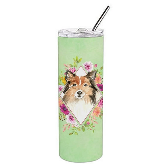 Carolines Treasures CK4373TBL20 Sheltie Green Flowers Stainless Steel 20 oz Skinny Tumbler 20 oz multicolor