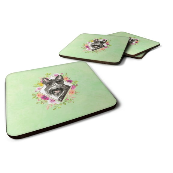 Carolines Treasures CK4374FC Scottish Terrier Green Flowers Foam Coaster Set of 4 3 1/2 x 3 1/2 multicolor