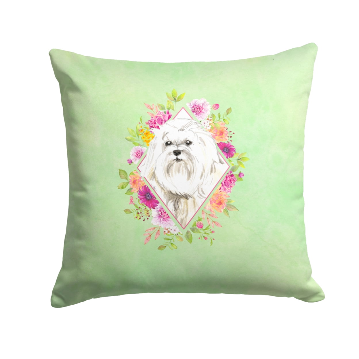 Carolines Treasures CK4383PW1414 Maltese Green Flowers Fabric Decorative Pillow 14Hx14W multicolor