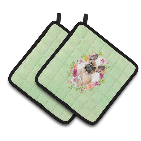 Carolines Treasures CK4398PTHD Fawn French Bulldog Green Flowers Pair of Pot Holders 7.5HX7.5W multicolor
