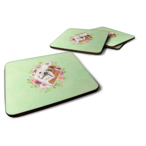 Carolines Treasures CK4400FC English Bulldog Green Flowers Foam Coaster Set of 4 3 1/2 x 3 1/2 multicolor