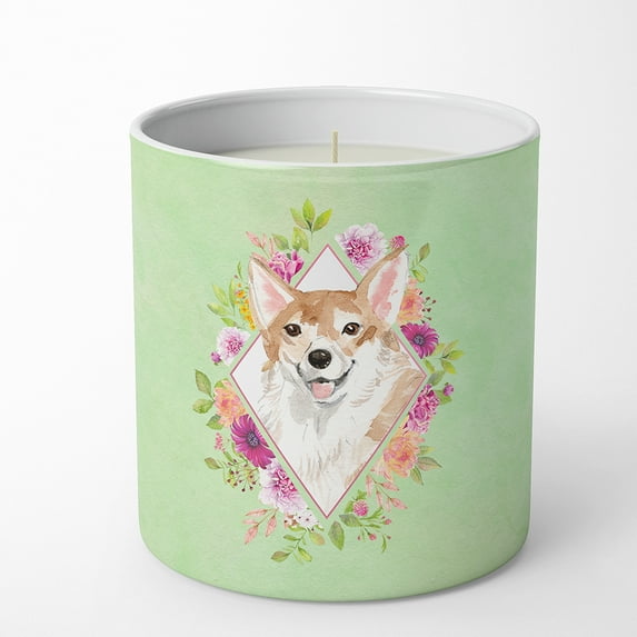 Carolines Treasures CK4403CDL Corgi Soy Candle 10 oz Decorative Gift Scented Soy Candles for Home Green Flowers 10 oz
