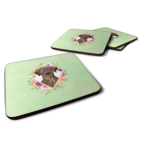 Carolines Treasures CK4411FC Chocolate Labrador Green Flowers Foam Coaster Set of 4 3 1/2 x 3 1/2 multicolor