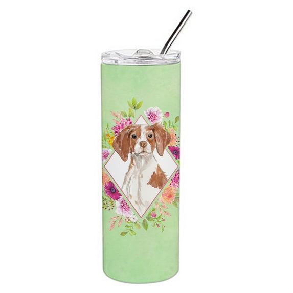 Carolines Treasures CK4414TBL20 Brittany Spaniel Green Flowers Stainless Steel 20 oz Skinny Tumbler 20 oz multicolor