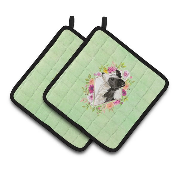 Border Collie Green Flowers Pair of Pot Holders
