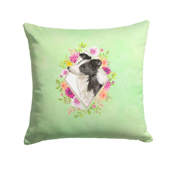 Carolines Treasures CK4418PW1414 Border Collie Green Flowers Fabric Decorative Pillow  14Hx14W multicolor