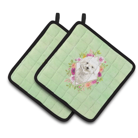Bichon Frise Green Flowers Pair of Pot Holders