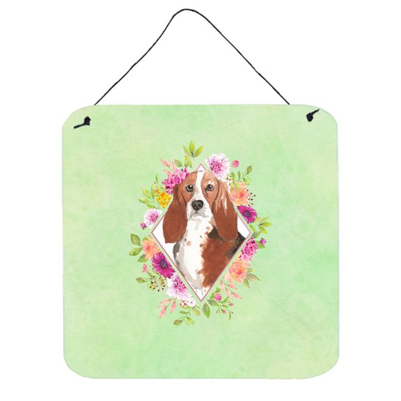 Carolines Treasures CK4426DS66 Basset Hound Green Flowers Wall or Door Hanging Prints 6x6 multicolor