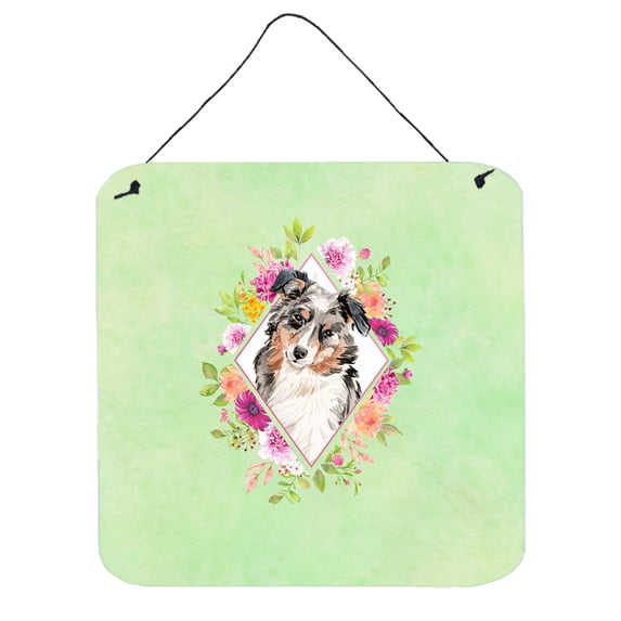 Carolines Treasures CK4427DS66 Australian Shepherd Green Flowers Wall or Door Hanging Prints 6x6 multicolor