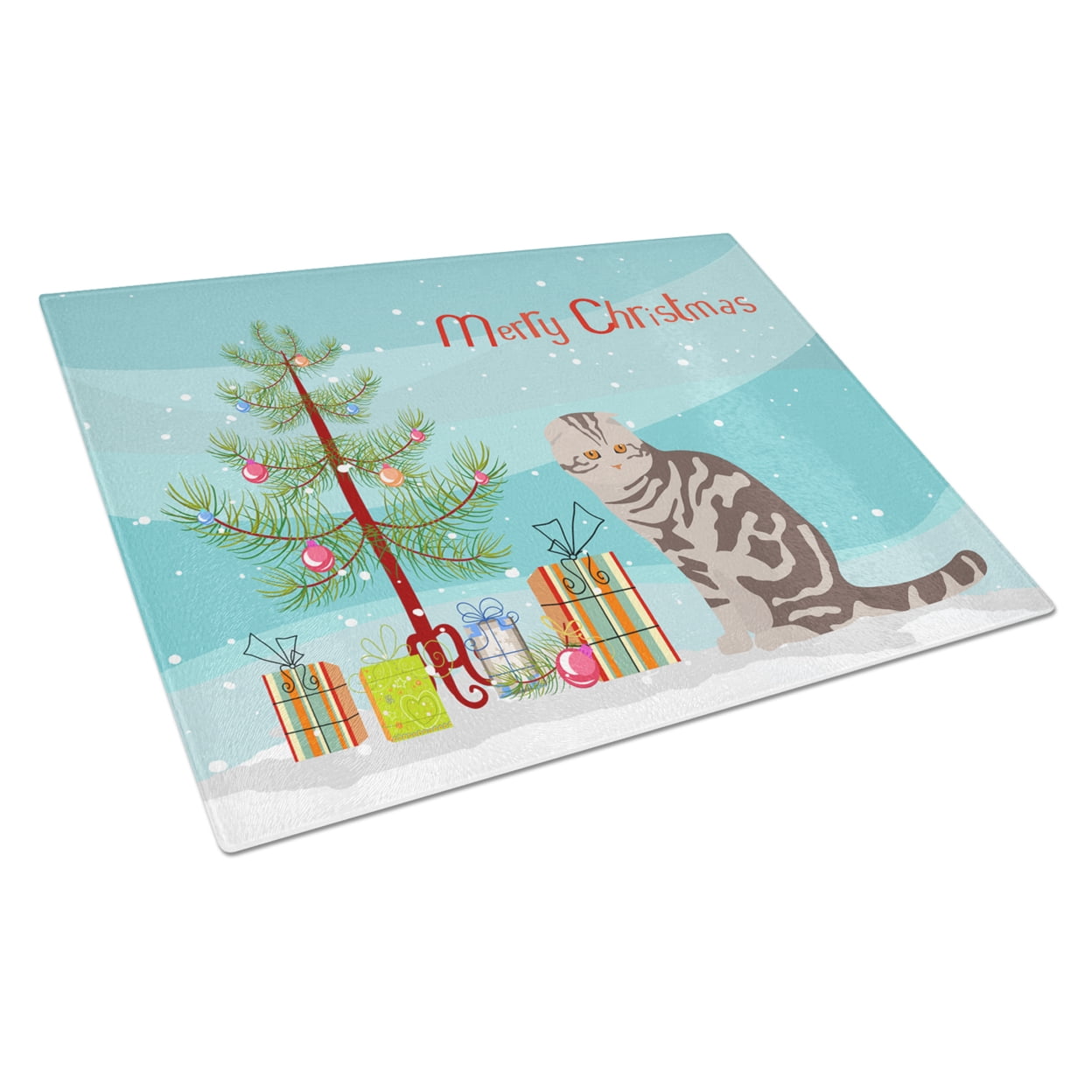 Carolines Treasures CK4768LCB Foldex Exotic Fold Cat Merry Christmas Glass Cutting Board Large, 12H x 16W, multicolor