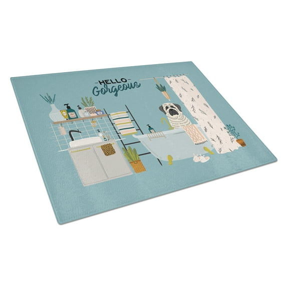 Carolines Treasures CK7438LCB White Mastiff Brindle in Bathtub Glass Cutting Board Large 12H x 16W multicolor