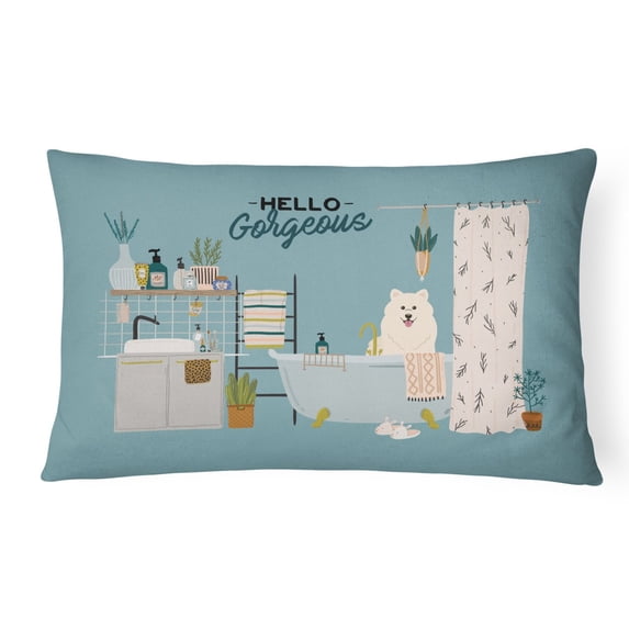 Carolines Treasures CK7452PW1216 Samoyed in Bathtub Canvas Fabric Decorative Pillow 12H x16W multicolor