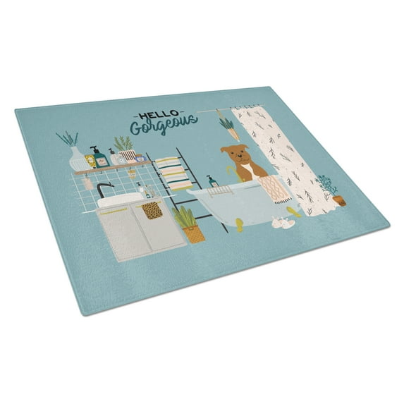 Carolines Treasures CK7469LCB Brown Staffordshire Bull Terrier in Bathtub Glass Cutting Board Large 12H x 16W multicolor