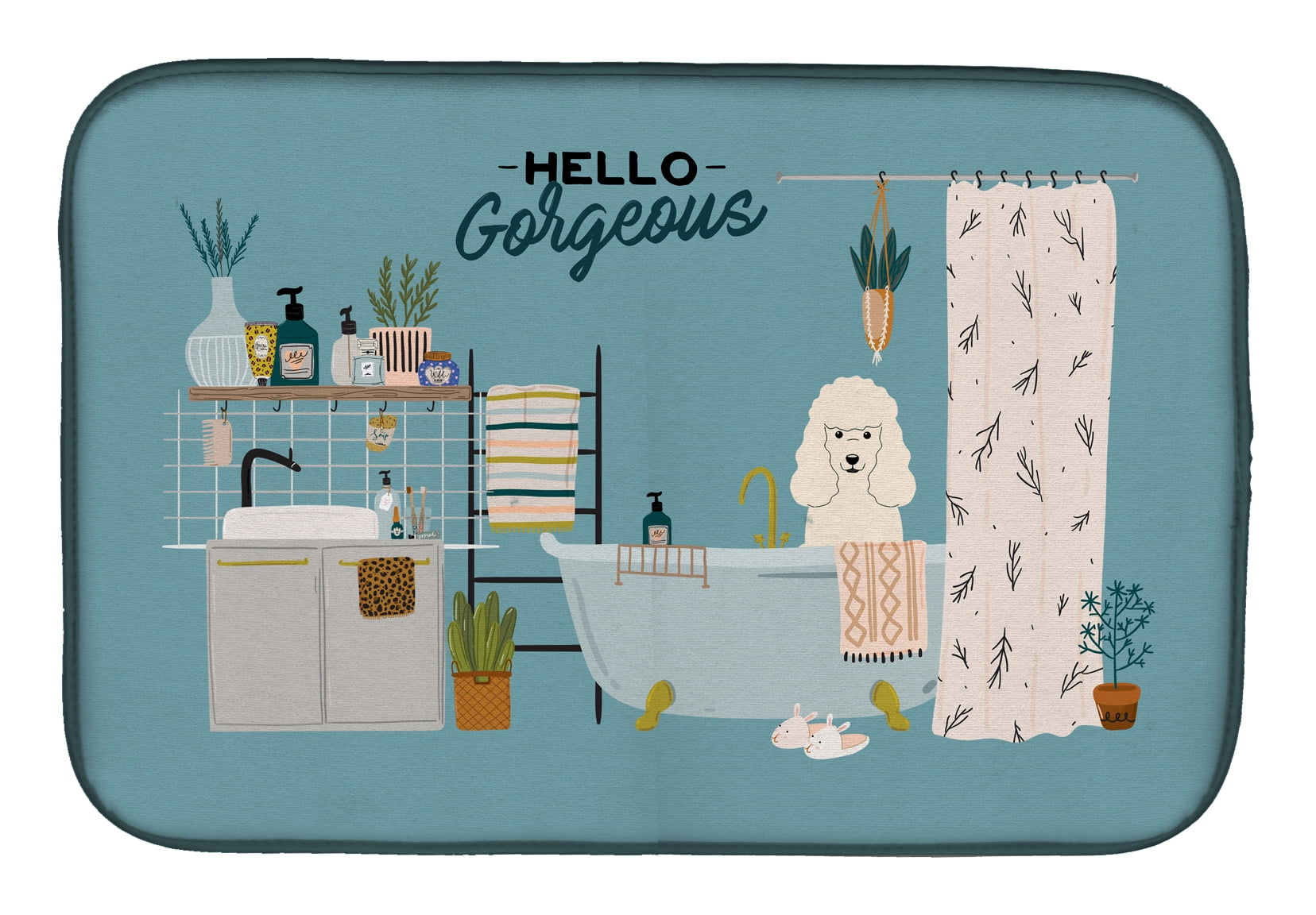 White Poodle in Bathtub Dish Drying Mat