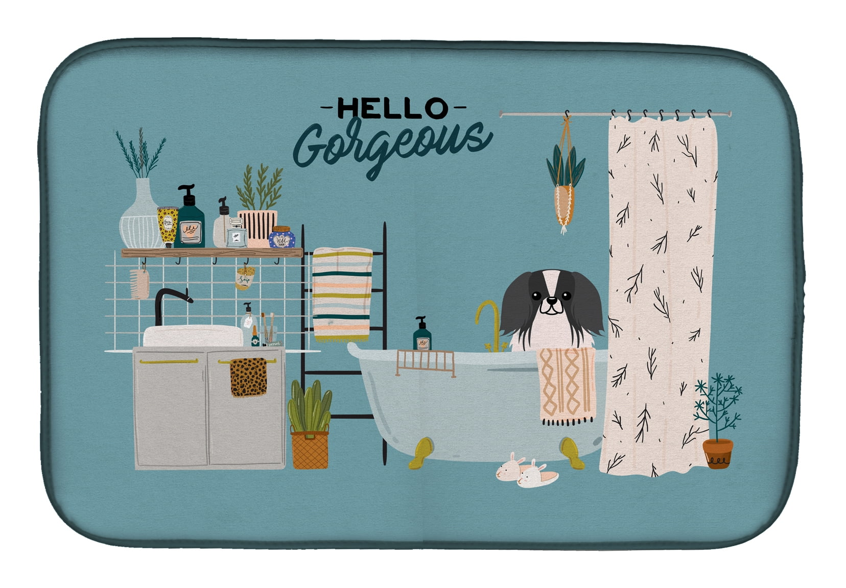 Black White Pekingese in Bathtub Dish Drying Mat