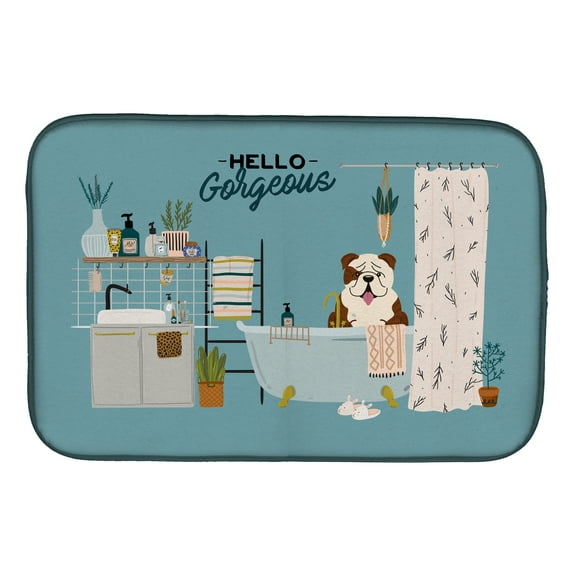 Brindle White English Bulldog in Bathtub Dish Drying Mat