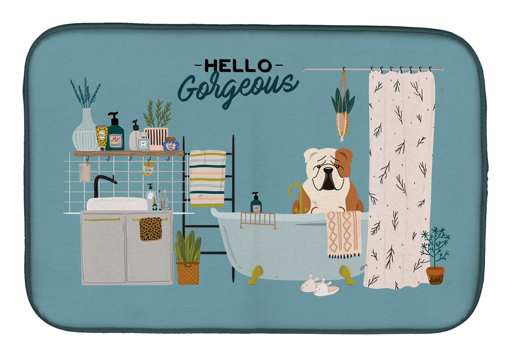 Fawn White English Bulldog in Bathtub Dish Drying Mat