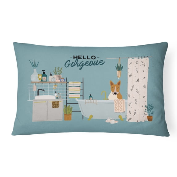 Carolines Treasures CK7557PW1216 Red White Bull Terrier in Bathtub Canvas Fabric Decorative Pillow 12H x16W multicolor