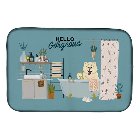 White Chow Chow in Bathtub Dish Drying Mat